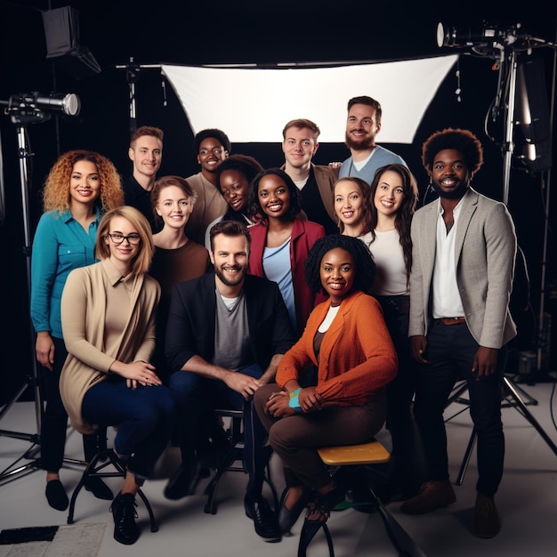 Un groupe de personnes diverses posant dans un studio