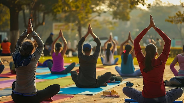 Un groupe de personnes diverses pratique le yoga dans un parc. Ils portent tous des vêtements confortables et sont assis dans diverses poses.