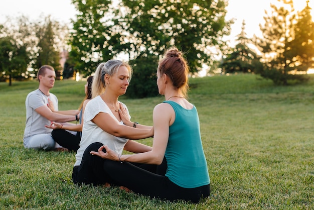 Un groupe de personnes effectuent des exercices de yoga par paires dans un parc au coucher du soleil.