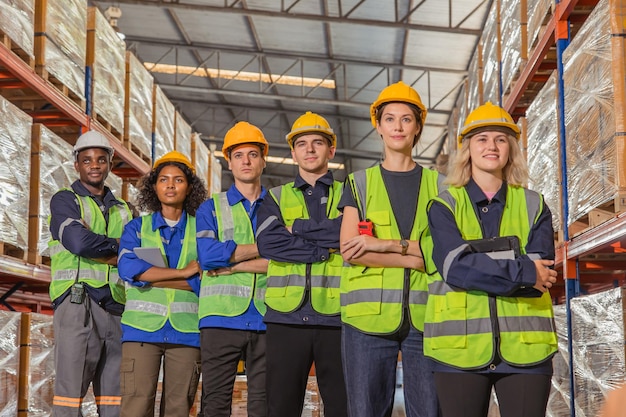 Groupe de personnes équipe de personnel d'entrepôt de travailleurs debout ensemble pour le travail d'équipe de magasin d'expédition de produits d'inventaire