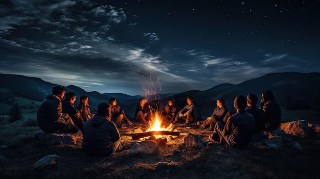 un groupe de personnes est assis autour d'un feu de camp avec des montagnes en arrière-plan.