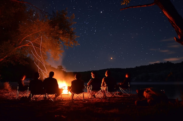 un groupe de personnes est assis autour d'un feu de camp la nuit