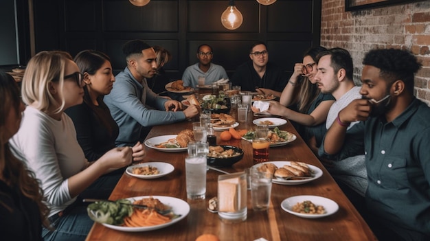 Un groupe de personnes est assis autour d'une table avec des assiettes de nourriture et un verre d'eau.