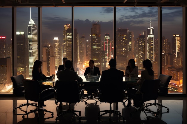 Un groupe de personnes est assis autour d'une table dans une salle de conférence en regardant la ville