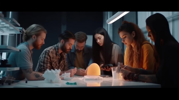 Un groupe de personnes est assis autour d'une table, l'un d'eux tient un œuf brillant.