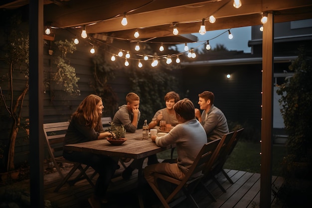 Un groupe de personnes est assis autour d'une table avec des guirlandes lumineuses suspendues au plafond