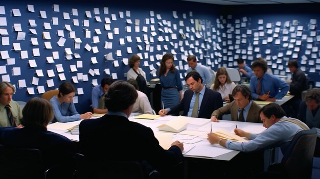 un groupe de personnes est assis autour d'une table avec des notes dessus