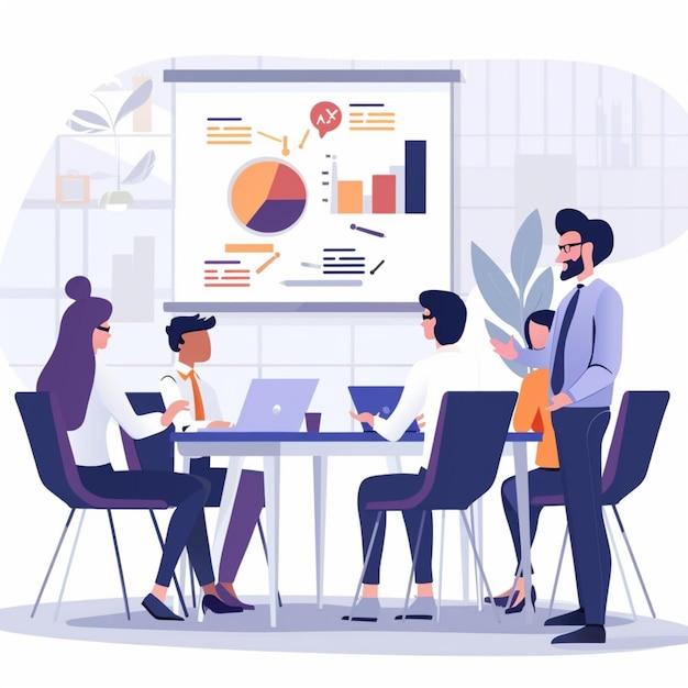un groupe de personnes est assis autour d'une table avec un tableau avec des graphiques dessus