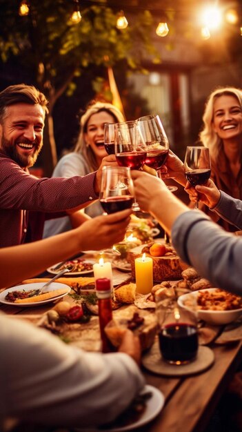 Photo un groupe de personnes est assis autour d'une table avec des verres de vin