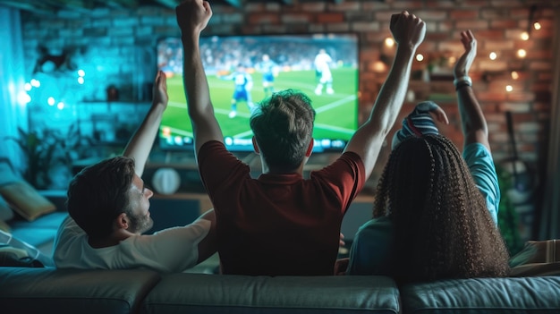 Un groupe de personnes est assis sur un canapé à regarder un match de football sur une télévision.