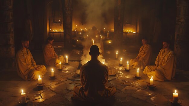 Photo un groupe de personnes est assis en cercle autour d'un feu. ils portent tous des robes et ont la tête inclinée.