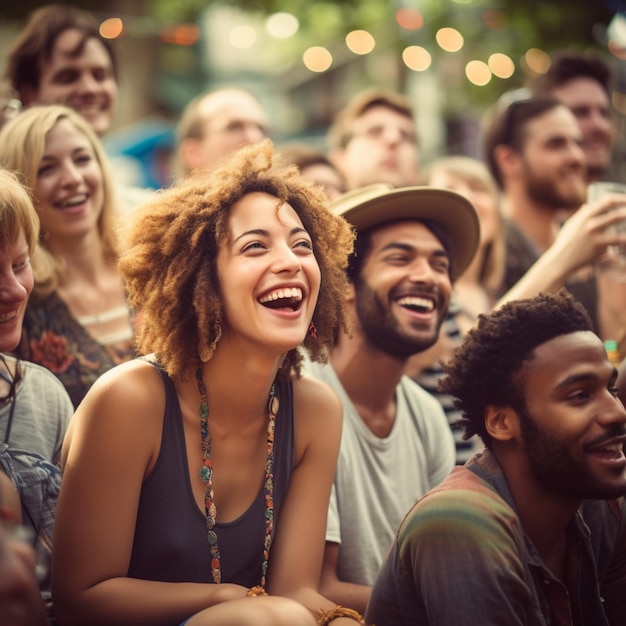 un groupe de personnes est assis dans une foule, dont l'une porte un haut noir avec un collier coloré.