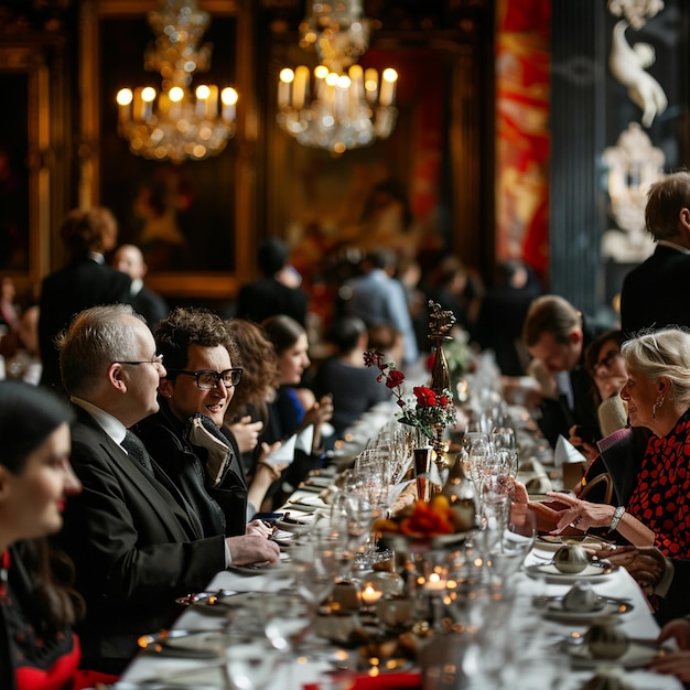 un groupe de personnes est assis à une longue table avec de nombreuses assiettes et verres
