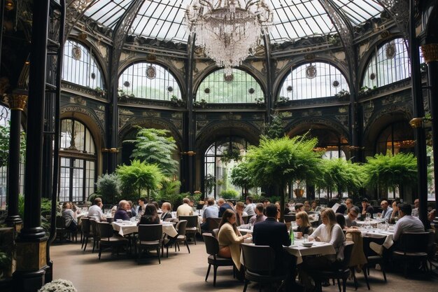 Photo un groupe de personnes est assis à des tables dans une grande pièce avec un lustre suspendu au plafond