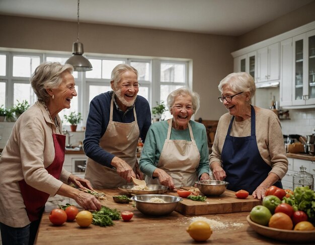 Un groupe de personnes est debout dans une cuisine et l'un d'eux porte un tablier qui dit vieilles femmes