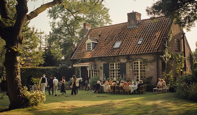 Photo un groupe de personnes est rassemblé à l'extérieur d'une maison qui a une grande fenêtre qui dit que personne