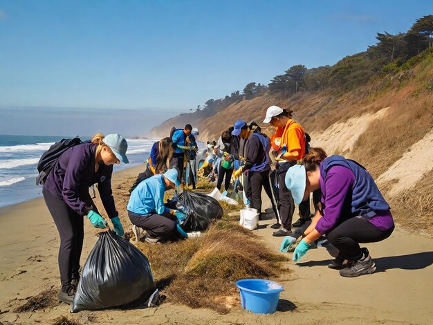 un groupe de personnes est rassemblé sur une plage dont l'un d'eux porte un sac d'ordures
