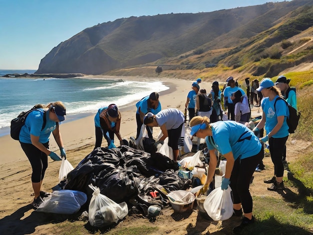 un groupe de personnes est rassemblé sur une plage avec des sacs d'ordures