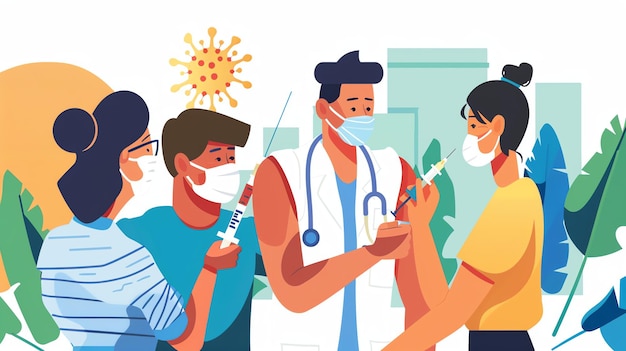 Un groupe de personnes est vacciné par un médecin.