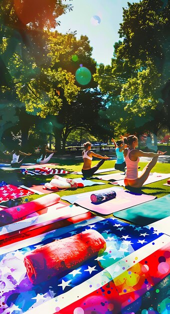un groupe de personnes faisant du yoga sur une couverture avec un drapeau américain dessus