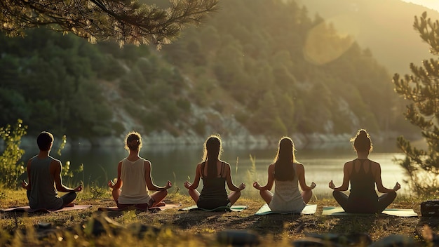 un groupe de personnes faisant du yoga dans la nature un temps de yoga dans la Nature des gens se détendant dans la nature