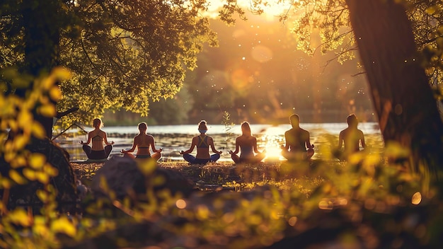 un groupe de personnes faisant du yoga dans la nature un temps de yoga dans la Nature des gens se détendant dans la nature