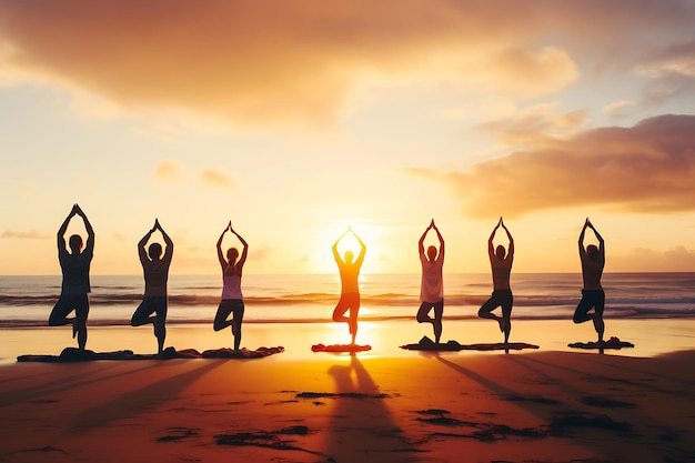 Groupe de personnes faisant du yoga sur la plage au coucher du soleil Photo horizontale