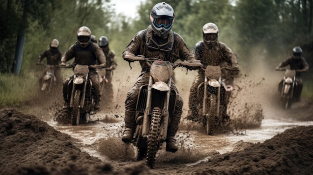 Un groupe de personnes faisant de la moto dans la boue