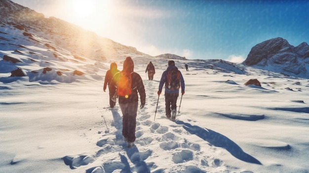 Photo groupe de personnes faisant de la randonnée dans les montagnes hivernales avec des raquettes et des sacs à dos avec génération d'ia
