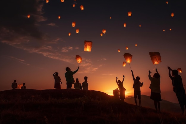 Un groupe de personnes faisant voler des lanternes dans le ciel au coucher du soleil