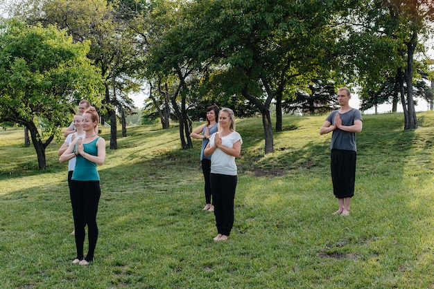 Un groupe de personnes fait du yoga dans le parc au coucher du soleil. Mode de vie sain, méditation et bien-être.