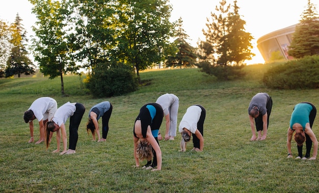 Un groupe de personnes fait du yoga dans le parc au coucher du soleil. Mode de vie sain, méditation et bien-être.