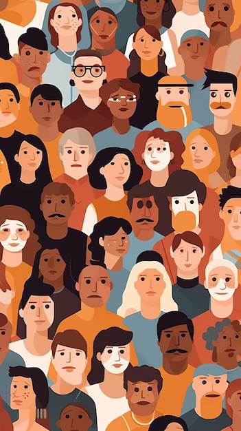 Un groupe de personnes fait face à une foule de personnes de différentes couleurs de peau générée par l'IA