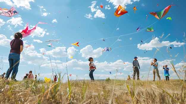 Un groupe de personnes fait voler des cerfs-volants sur une colline le ciel est bleu et il y a des nuages blancs les gens s'amusent et apprécient la belle journée