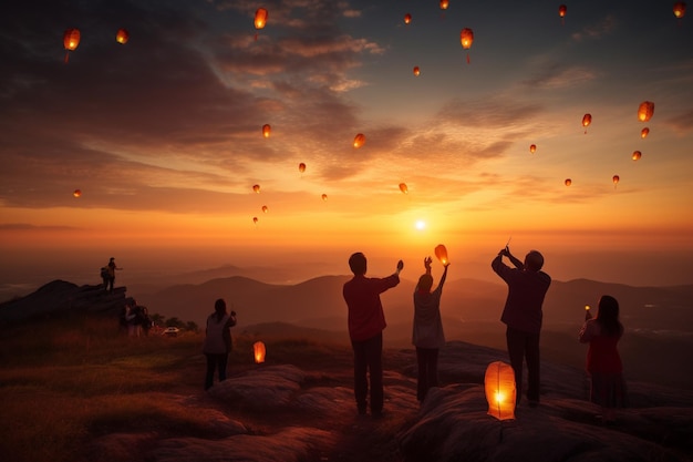 Un groupe de personnes fait voler des lanternes dans le ciel