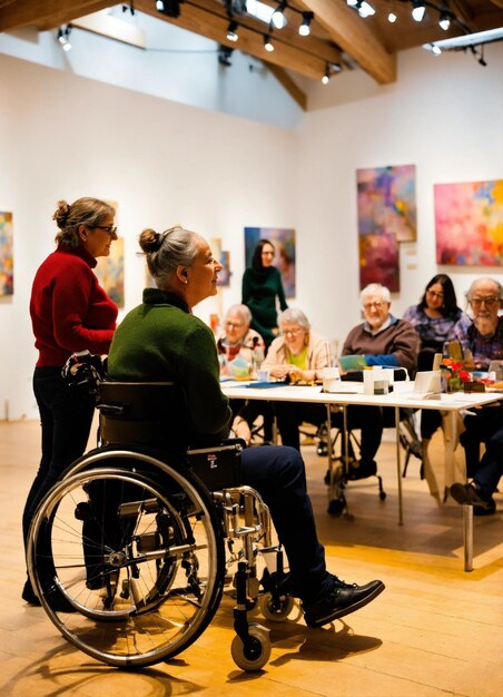 un groupe de personnes en fauteuil roulant devant une peinture