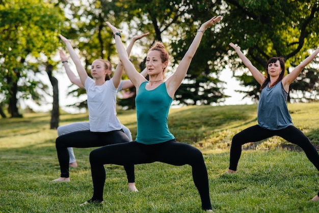 Un groupe de personnes font du yoga dans le parc au coucher du soleil