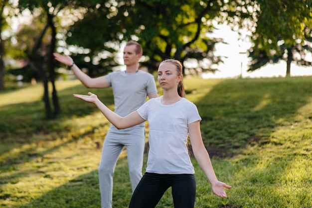 Un groupe de personnes font du yoga dans le parc au coucher du soleil