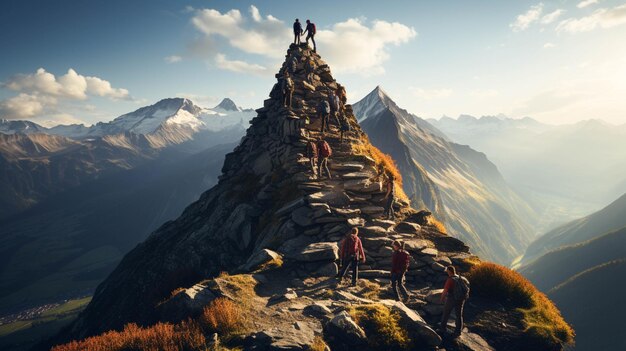 Un groupe de personnes grimpant au sommet d'une montagne