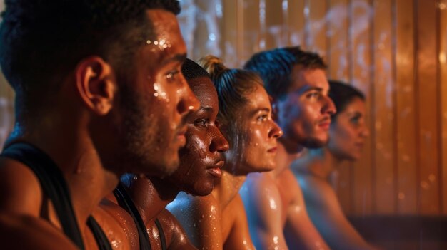 Un groupe de personnes guidées par un entraîneur de fitness sont vus à tour de rôle assis dans un sauna leurs visages