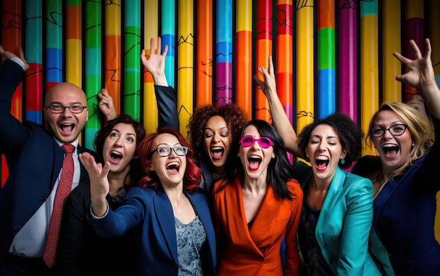 Photo un groupe de personnes heureuses sur un fond de couleurs vives