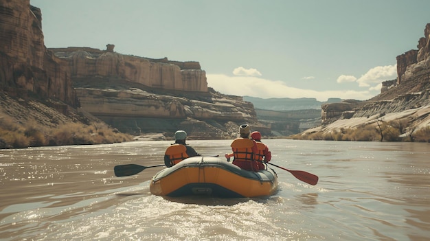 Photo un groupe de personnes en kayak dans une rivière avec un canyon en arrière-plan