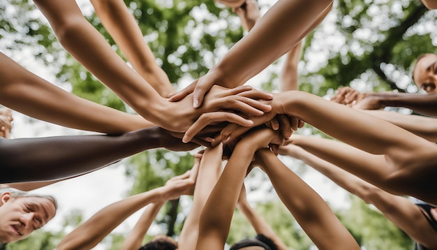 un groupe de personnes avec leurs mains ensemble dans un cercle