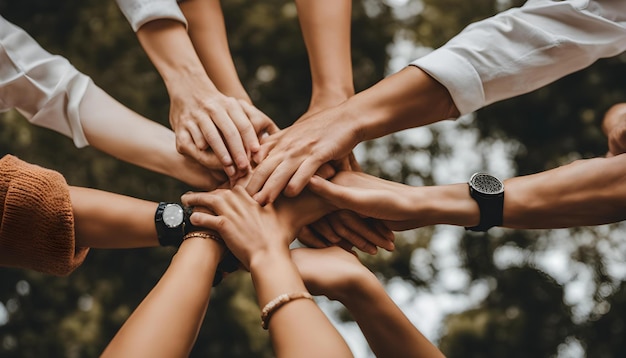 un groupe de personnes avec leurs mains jointes