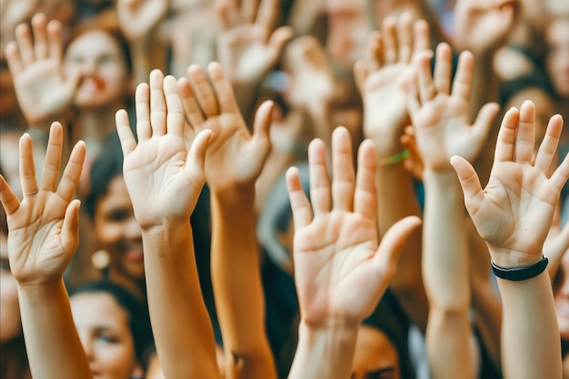 Un groupe de personnes lève les mains en l'air.