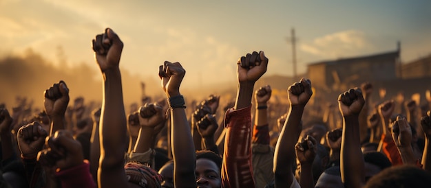 Un groupe de personnes lèvent les mains pour protester contre le racisme et la discrimination