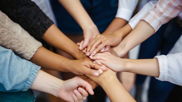 un groupe de personnes avec les mains l'une sur l'autre