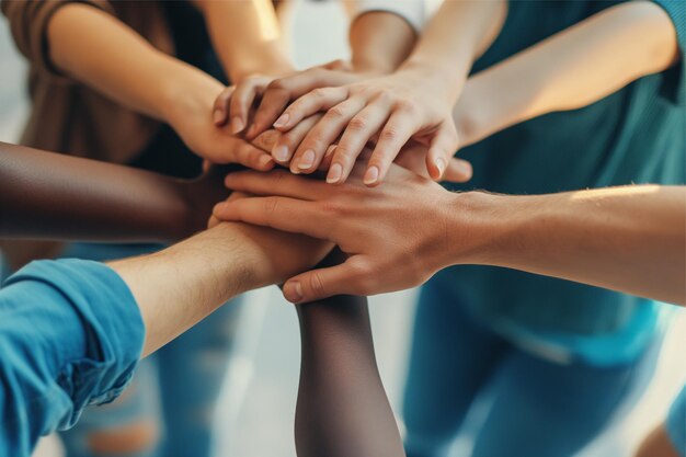 un groupe de personnes avec les mains l'une sur l'autre