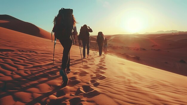 Photo un groupe de personnes marchant dans le désert avec le soleil couchant derrière elles