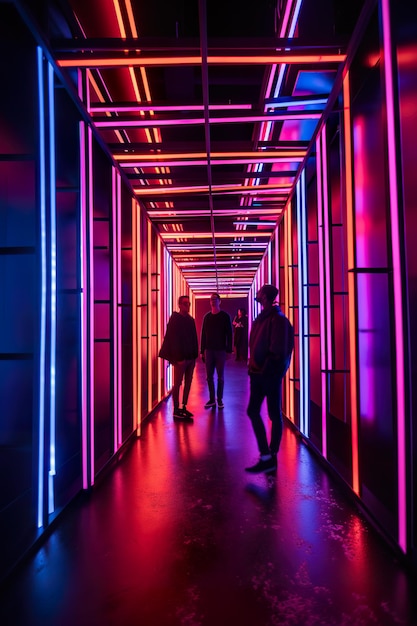 Un groupe de personnes marchant dans un long couloir Image générative AI